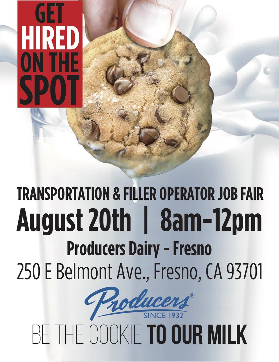 ProducersDairy's tweet photo. WE’RE HIRING! 
We invite you to come visit our Producers Dairy Job Fairs on August 20 in Fresno and Fairfield. Check out details here, and be sure to come prepared!
.
.⁠
.⁠
#producersdairy #producers #fresno #nowhiring #jobfair #careerfair #dairy #icecream #realcaliforniamilk https://t.co/NCHUZO6NtR