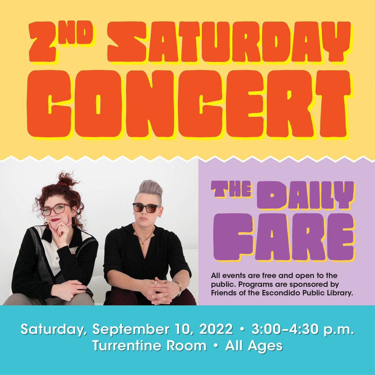 Escondido Library (@escolibrary) on Twitter photo Join us for next 2nd Saturday Concert performed by <a href="/TheDailyFare/">The Daily Fare</a> tomorrow, September 10 at 3:00 p.m.!
This event is presented by Friends of the Escondido Public Library.
#freeconcert #library #thedailyfare #music #escondidoca #concert Join us for next 2nd Saturday Concert performed by <a href="/TheDailyFare/">The Daily Fare</a> tomorrow, September 10 at 3:00 p.m.!
This event is presented by Friends of the Escondido Public Library.
#freeconcert #library #thedailyfare #music #escondidoca #concert