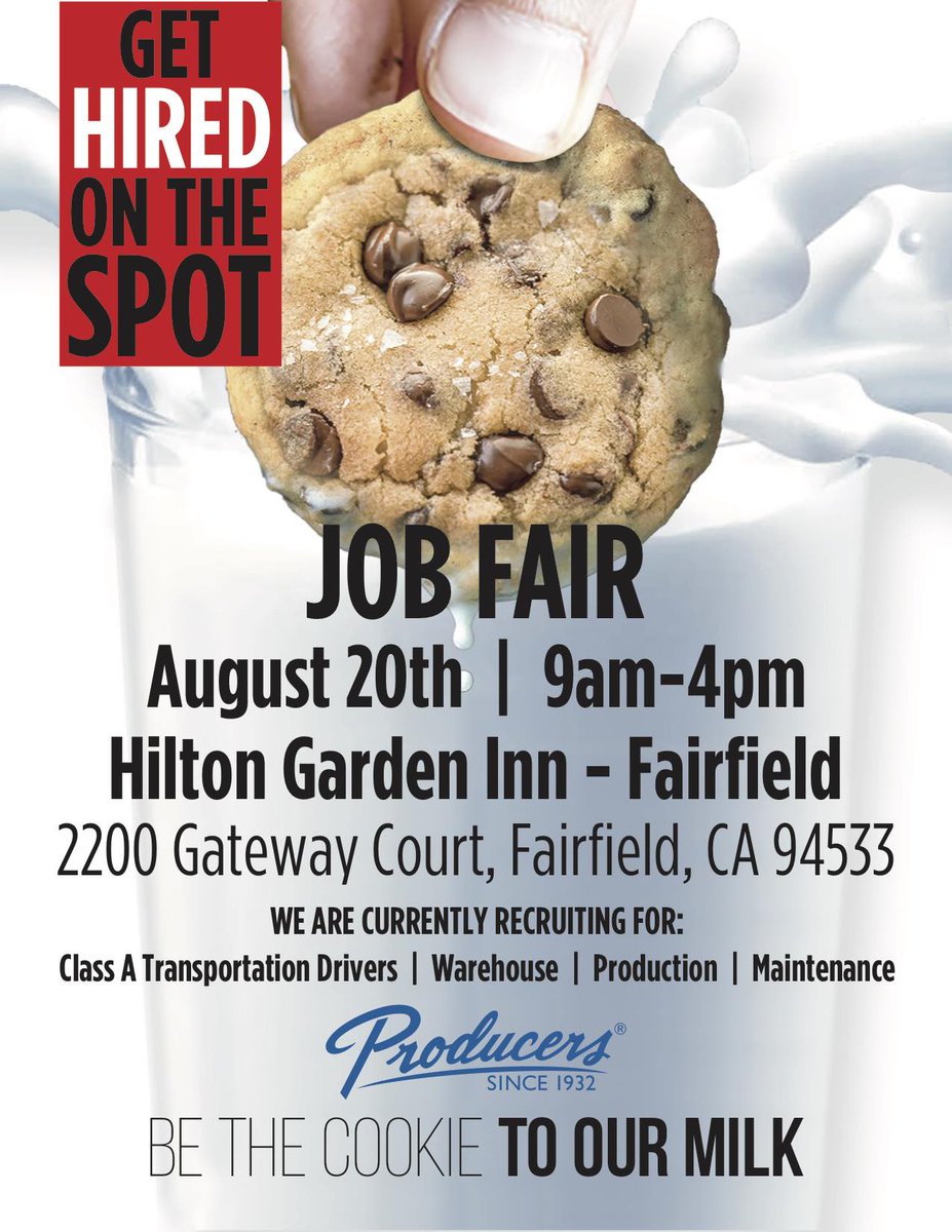 WE’RE HIRING! 
We invite you to come visit our Producers Dairy Job Fairs on August 20 in Fresno and Fairfield. Check out details here, and be sure to come prepared!
.
.⁠
.⁠
#producersdairy #producers #fresno #nowhiring #jobfair #careerfair #dairy #icecream #realcaliforniamilk