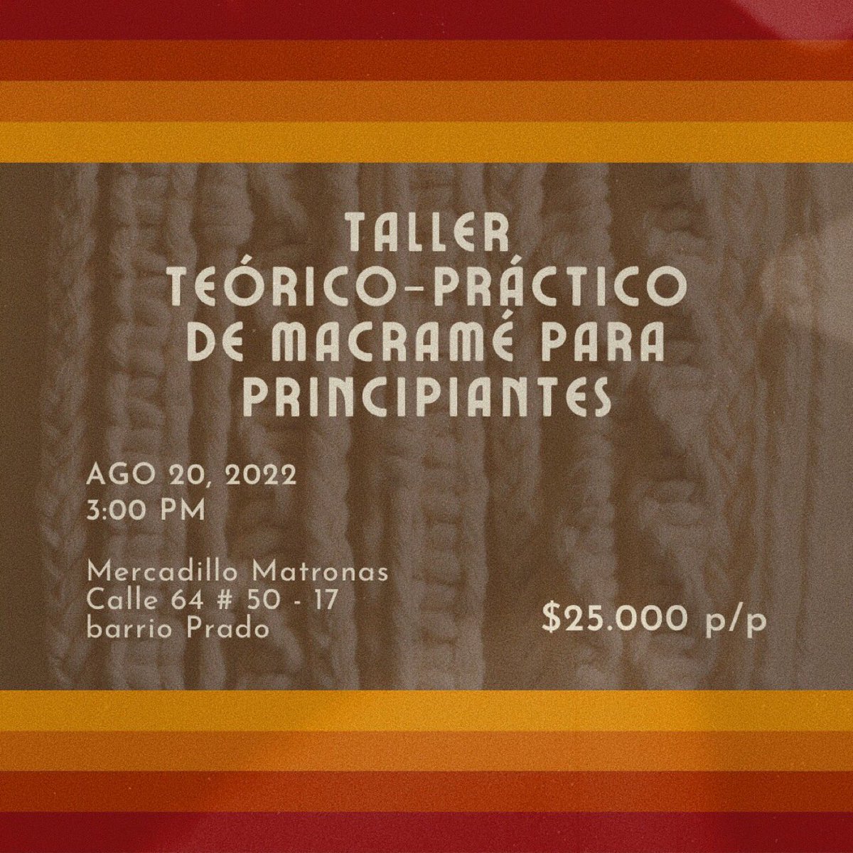 nicalibe's tweet photo. amigxs en Barranquilla, el sábado estaré desarrollando este taller durante el Mercadillo Matronas por si quieren aprender sobre nudos y llevarse a casa una pieza elaborada por uds mismos! 🖤 reservan su cupo aquí: https://t.co/1W0yPf1wls https://t.co/AviHRDUpBP