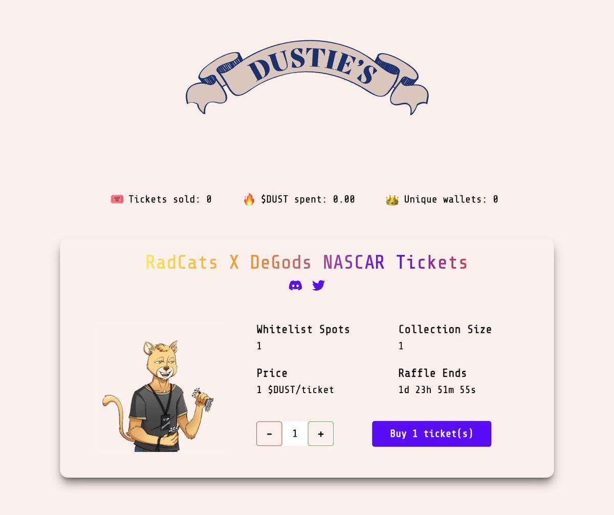 2 General Admission Tickets to August 20th NASCAR Race! Live in Watkins Glenn, New York Watch the RadCats Racing Team in Action! Follow <a href="/RadCatsNFT/">RadCats™️</a> and RT the pinned post to be eligible!

store.degods.com/raffles/62fc36…