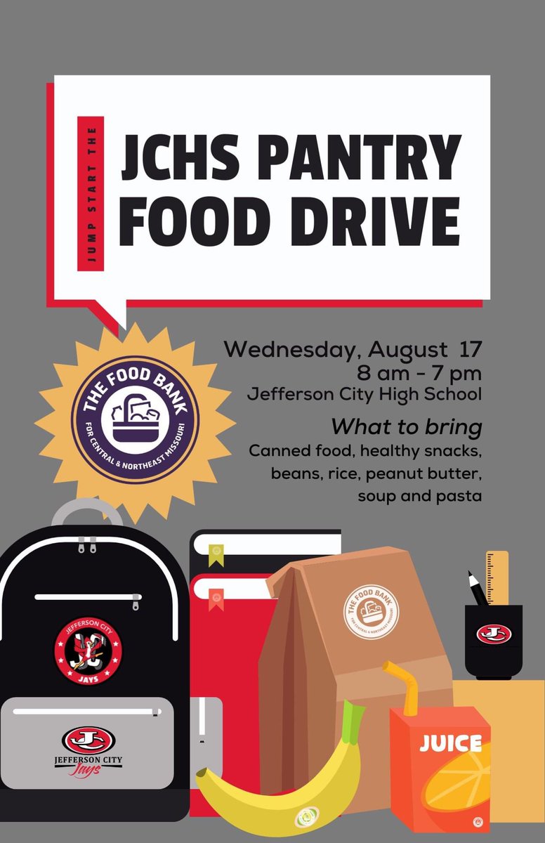 Tomorrow is the day!!   Bring food items to help stock our JCHS Food Pantry.
