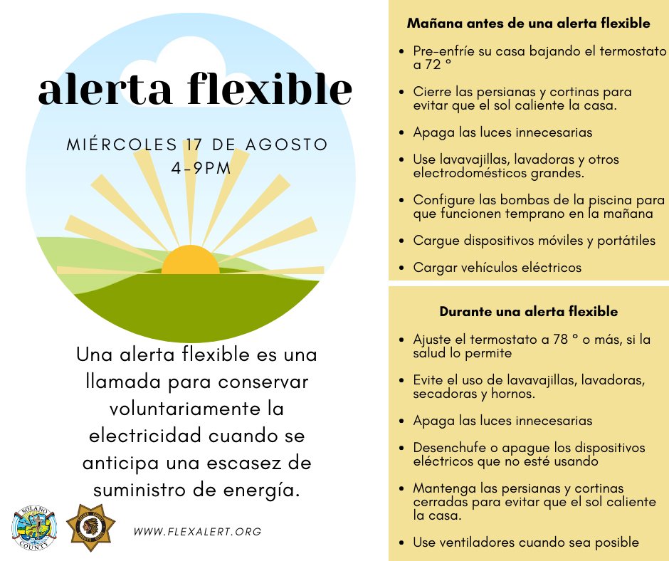 California ISO has issued a statewide #FlexAlert for tomorrow, Aug 17th from 4-9pm. Visit, SolanoCounty.com/SummerReady for tips to beat the heat.