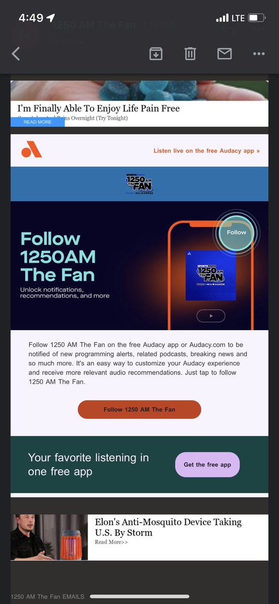 DanPlocher's tweet photo. @RadioJoeSports @1250AMTheFan I got this email from Audacy at 1:15, that’s 45 minutes before they went off air. Definitely an indicator of how things went. #Communication https://t.co/kICBsVpvtY