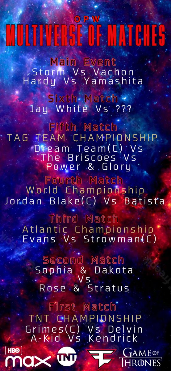 OmegaProNights's tweet photo. Official Match Card For Multiverse Of Matches #OPW #OmegaProWrestling #MultiverseOfMatches https://t.co/OhJK8Ow19E