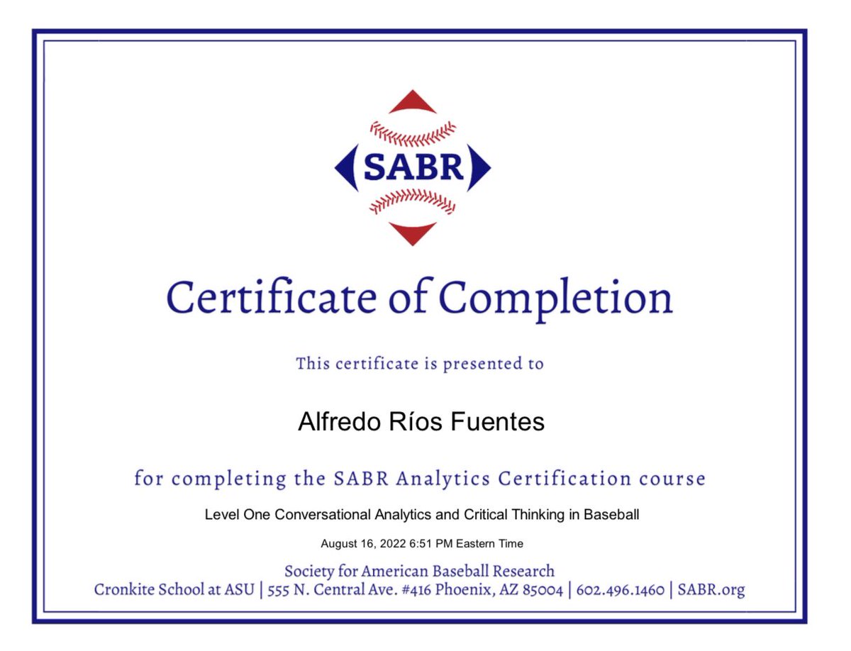 Culminado el primer curso del Programa de Certificación en Analítica de <a href="/sabr/">SABR</a> sobre la evolución de los fundamentos y las tecnologías para el análisis de datos en el béisbol.