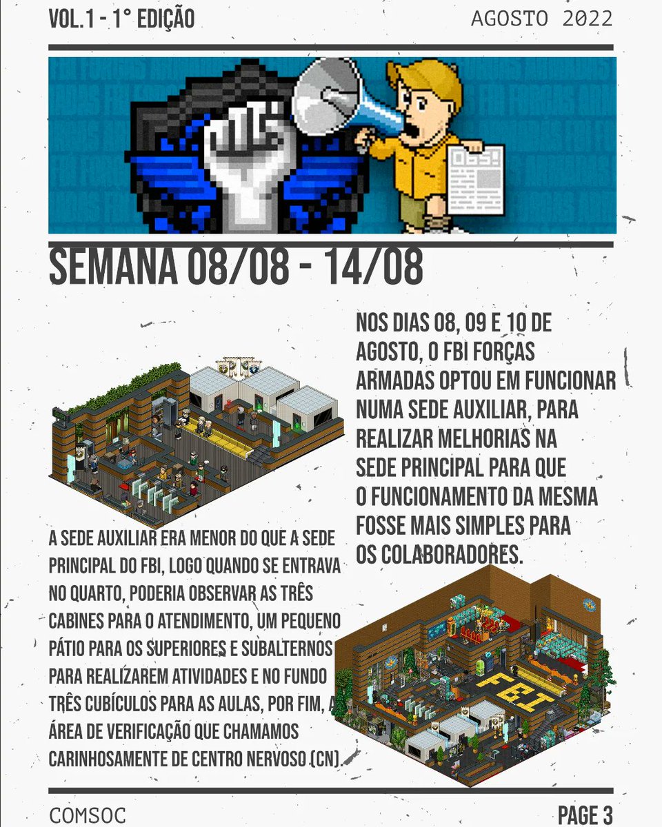 FBIFA_'s tweet photo. Apresentamos a primeira edição do Tribuna FBI - Jornal da Primeira Polícia do Hotel!
Fique por dentro dos assuntos do FBI através dos nossos resumos. https://t.co/y7SmJFDkqK