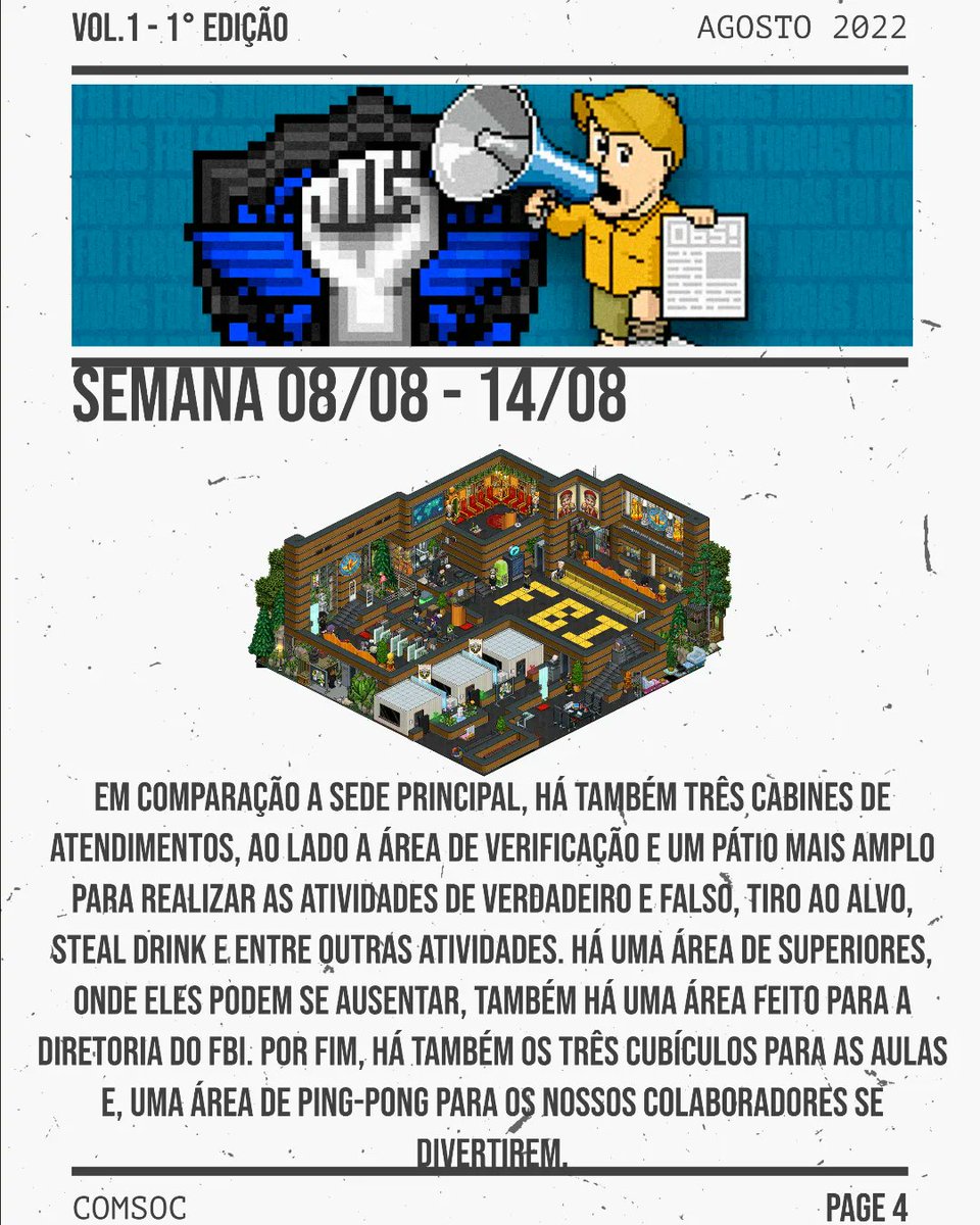 FBIFA_'s tweet photo. Apresentamos a primeira edição do Tribuna FBI - Jornal da Primeira Polícia do Hotel!
Fique por dentro dos assuntos do FBI através dos nossos resumos. https://t.co/y7SmJFDkqK