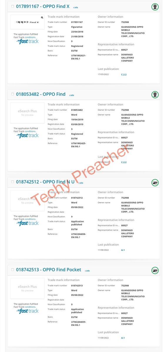TechyPreacher's tweet photo. OPPO Registered Multiple trademarks for Upcoming Foldable devices on the EUIPO.
Find N Flip
Find N Fold
OPPO Find N U
OPPO Find Pocket
OPPO Find Roller
OPPO Find Pocket
OPPO Find Roller
OPPO Find N Pocket
OPPO Find N Z
OPPO Find Flip
#Oppo #OppoFold #OppoFlip #OppoRoll
#OPPO https://t.co/YDhPT6xoWl