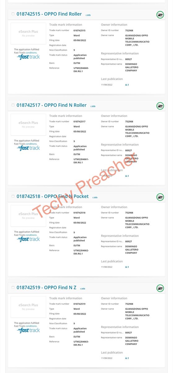 TechyPreacher's tweet photo. OPPO Registered Multiple trademarks for Upcoming Foldable devices on the EUIPO.
Find N Flip
Find N Fold
OPPO Find N U
OPPO Find Pocket
OPPO Find Roller
OPPO Find Pocket
OPPO Find Roller
OPPO Find N Pocket
OPPO Find N Z
OPPO Find Flip
#Oppo #OppoFold #OppoFlip #OppoRoll
#OPPO https://t.co/YDhPT6xoWl