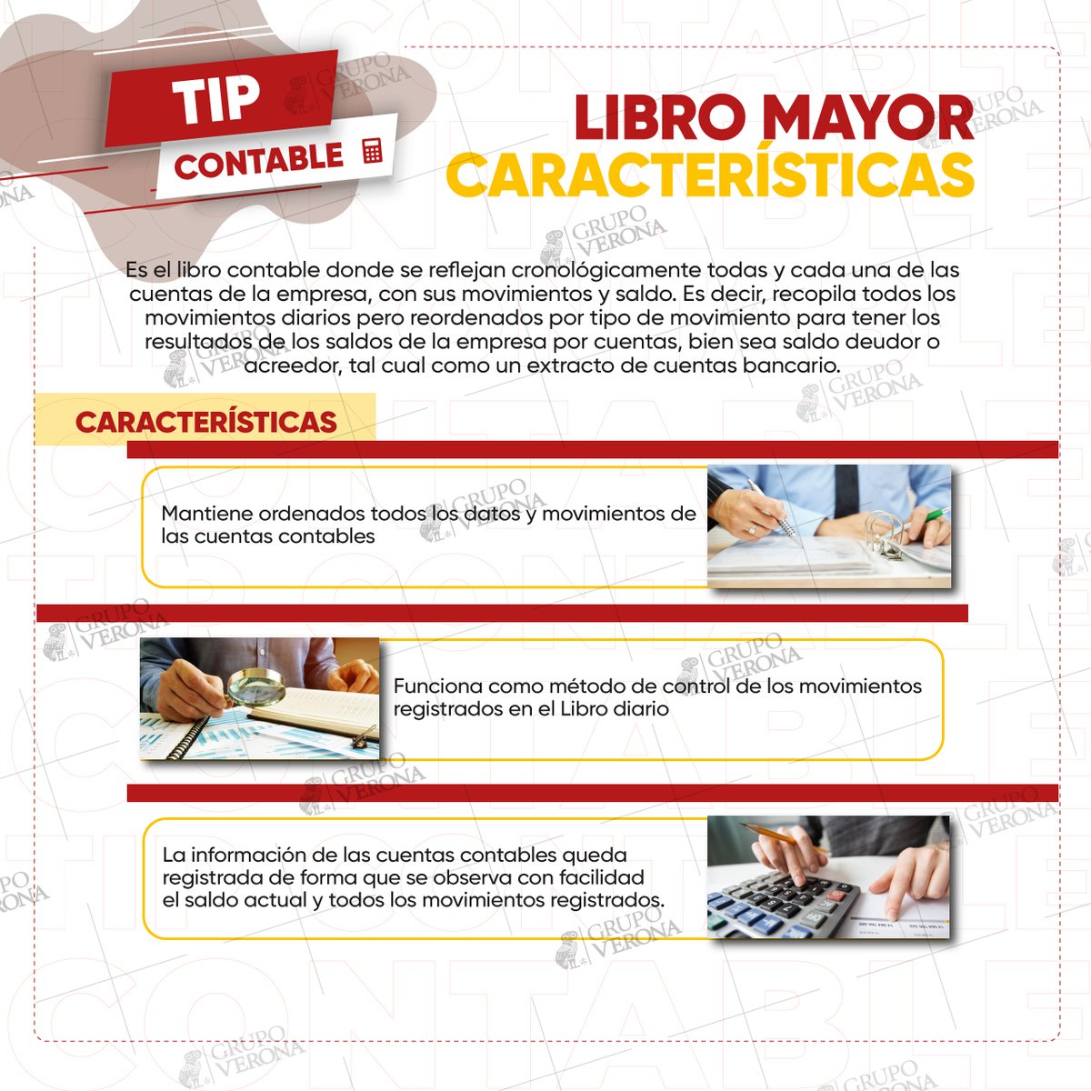 GrupoVerona's tweet photo. 🕵 El #libromayor es un documento donde se recoge de forma cronológica todas las operaciones #contables de la #empresa registradas en cada una de las cuentas 🟡 Se construye con los movimientos del #libroDiario, deberán aparecer TODAS las cuentas que aparecen en el libro Diario https://t.co/YwMJHG5yak