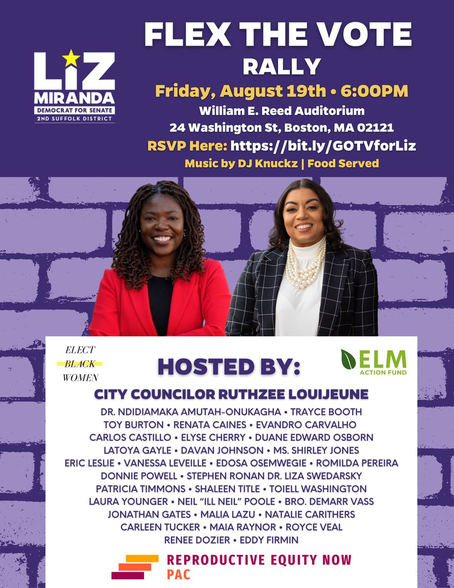 LizForBoston's tweet photo. #TeamLiz! 🔥Don't forget to RSVP: https://t.co/mQAveQH0ng
Please join @EnviroLeagueMA @reproequity_now @ElectBlackWomxn @Ruthzee & our incredible host committee for #FlexTheVote! A GOTV Rally THIS Friday night! https://t.co/ThWCuwsebR