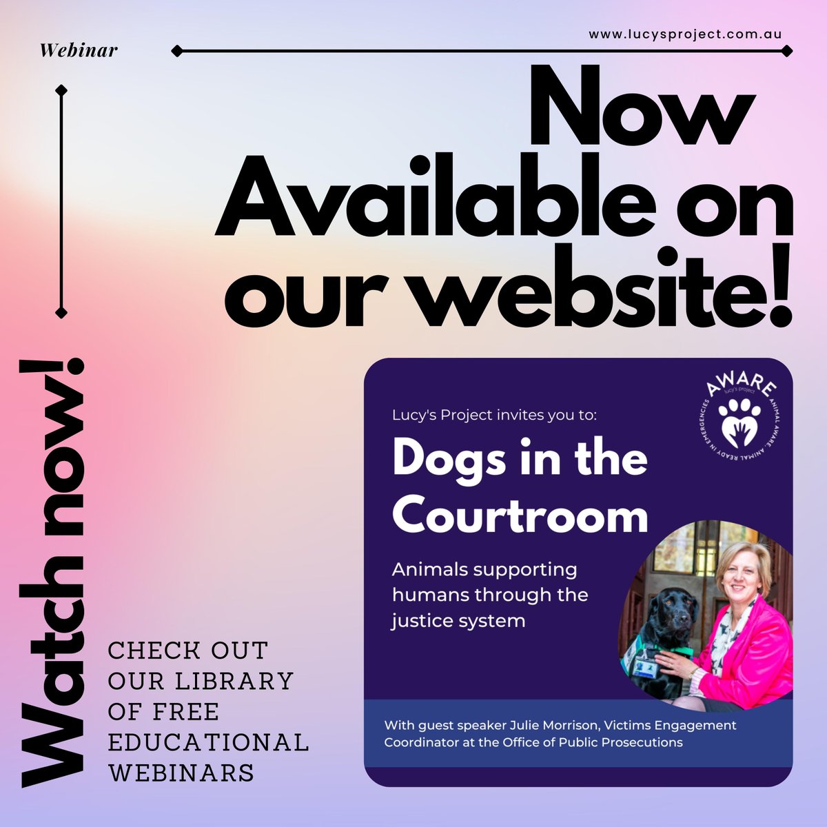 We had amazing feedback on this webinar and are excited to share the recording with you! If you missed out and would like to catch up, you can now watch Dogs in the Courtroom with Julie Morrison via the 'Webinars' tab of our website! 

lucysproject.com.au