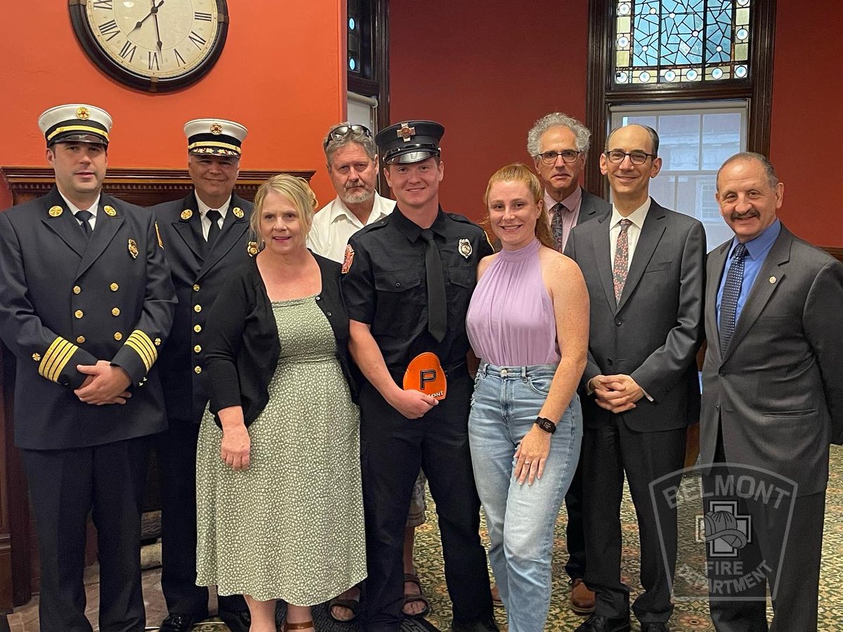 At the Select Board meeting last night, our newest member, FFOP Thompson, received his badge and probationary helmet shield.  FFOP Thompson was pinned by his father, Mark.  Currently, FFOP Thompson is assigned to Group 2.  <a href="/Belmont_Ma/">Town of Belmont</a>