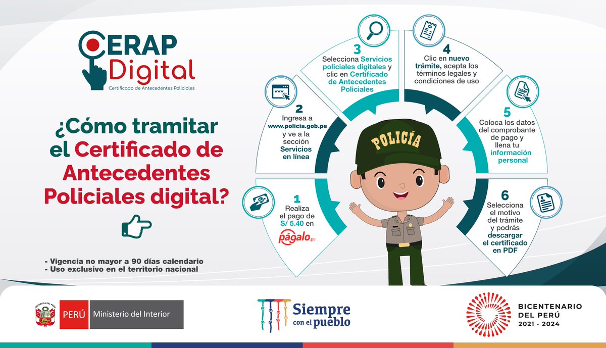 MininterPeru's tweet photo. 📢 ¿Necesitas tu certificado de antecedentes policiales? 🤔
👉 Sigue estos pasos para gestionarlo de manera virtual sin tener que ir a una comisaría.
#CerapDigital #MininterATuServicio https://t.co/Q5tcSIRmxK