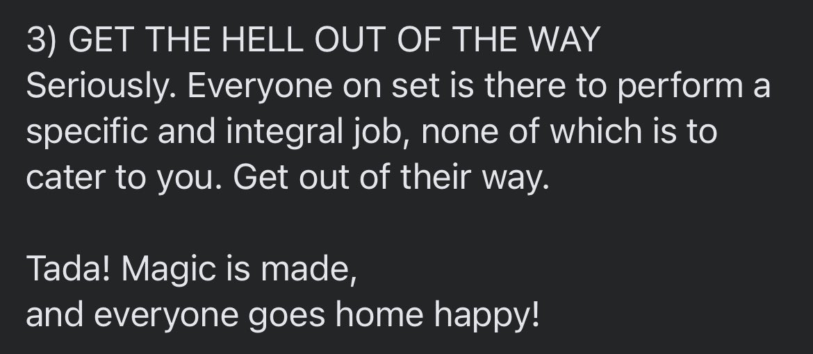 Some wisdom from my good friend (and the ridiculously talented and overwhelmingly kind) <a href="/JohnScottWells/">John Wells</a> (who needs to get on Twitter more) about how to handle time on set and how to be a professional while filming. Every word is true. Take it and run with it.