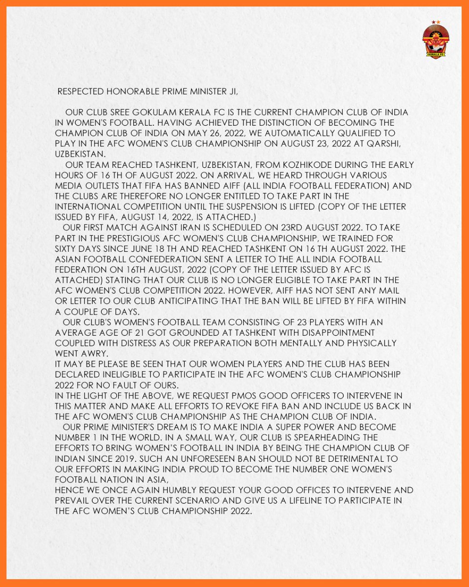 GokulamKeralaFC's tweet image. 23 women team players of Gokulam Kerala FC are stranded at Tashkent now of no fault of ours. We request urgent intervention by @PMOIndia @ianuragthakur @Anurag_Office @narendramodi for us to participate in the AFC.