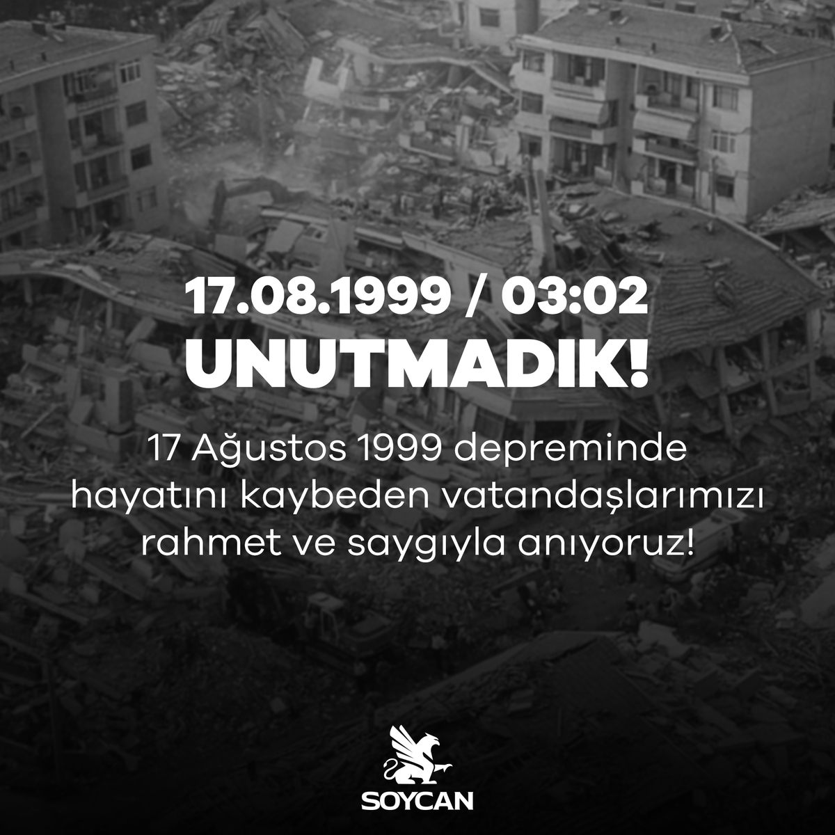 17 Ağustos 1999'da meydana gelen deprem felaketinde yaşamını yitiren tüm vatandaşlarımızı rahmetle anıyor, aynı acıların tekrar yaşanmamasını temenni ediyoruz.

#17Ağustos1999 #Deprem #Unutmadık #EnUzun45Saniye