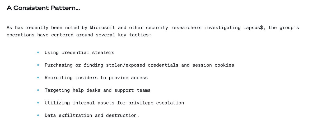 Courtesy of <a href="/SafeGuard_Cyber/">SafeGuard Cyber</a> Lapsus$ Playbook detailing how the group "gained access to and utilized communication channels like Slack and Teams." safeguardcyber.com/blog/security/… #cybersecurity #infosec