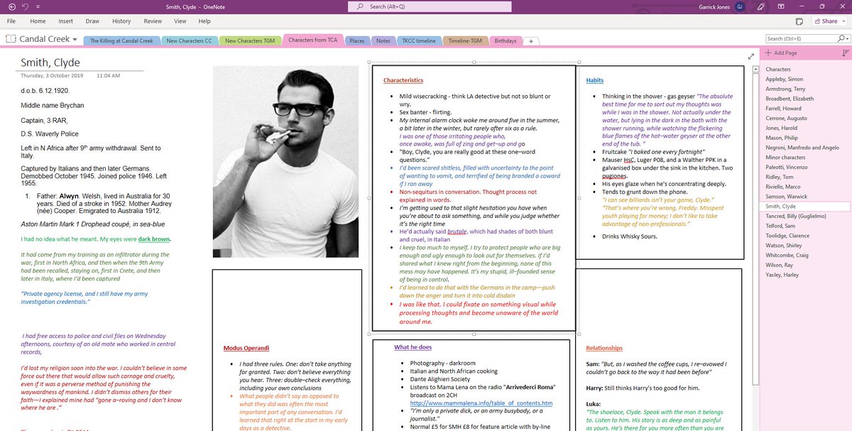 Gazrj01's tweet photo. @callanjmulligan #writershack I use a separate OneNote file for each book, except for my two series. You can see at right a tab (which means a new page) for every character, and the tabs above for timelines, special notes, etc. https://t.co/tHY6xaOP8t