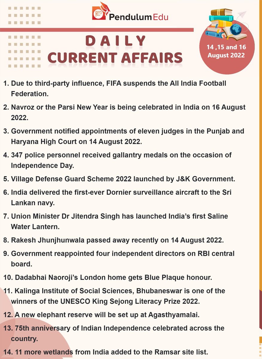 india_news_24hr's tweet photo. Here 👇👇 is the important Current Affairs of 14th, 15th &amp; 16th August, 2022.

#upsc #tspsc #appsc #tnpsc #gs
#currentaffairs #August2022 #gk
#mpsc #npsc #aspsc #jkpsc #dpsc
   (Data courtesy: Pendulumedu) https://t.co/Uf1kHTXRG9