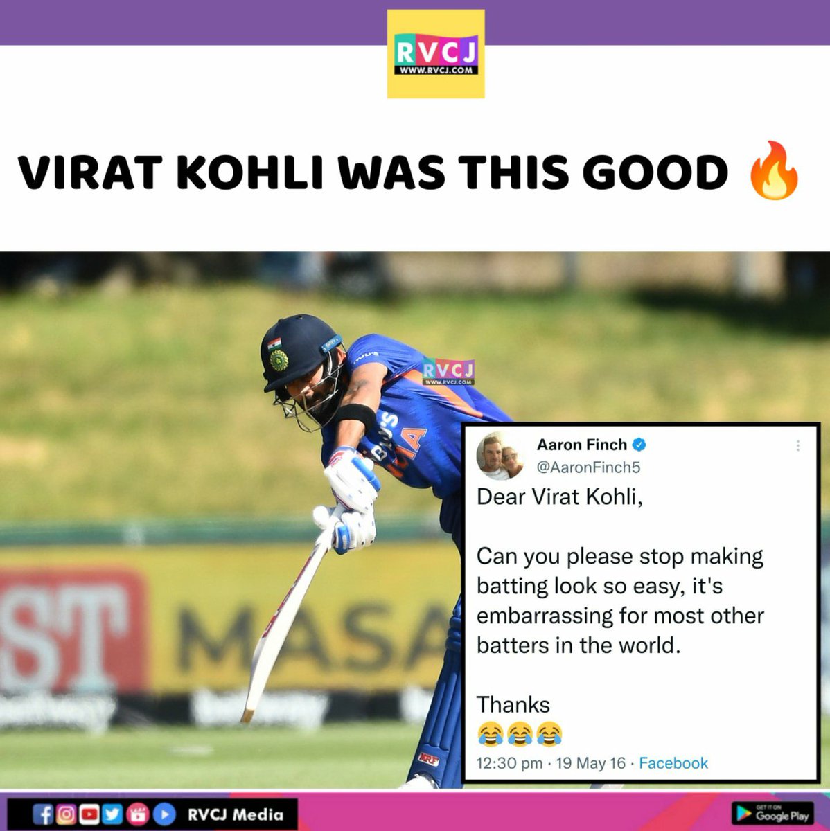 RVCJ_FB's tweet photo. Throwback When Aaron Finch tweeted about Virat Kohli https://t.co/iPOMGhQ6BG