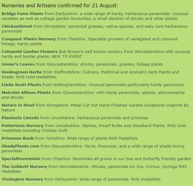 Plantfairs's tweet photo. Here's the brilliant line up for 
@Middleton_H_G  #plantfair on Sunday 21 Aug incl 
@ChickenStreet @CGFBrown @hooksgreenherbs @PottertonRob @primrosebank  @shadyplantscom @helenium_uk  
@thegobbett @TissingtonN
 Tickets are going fast! https://t.co/hYwVsVFkVm