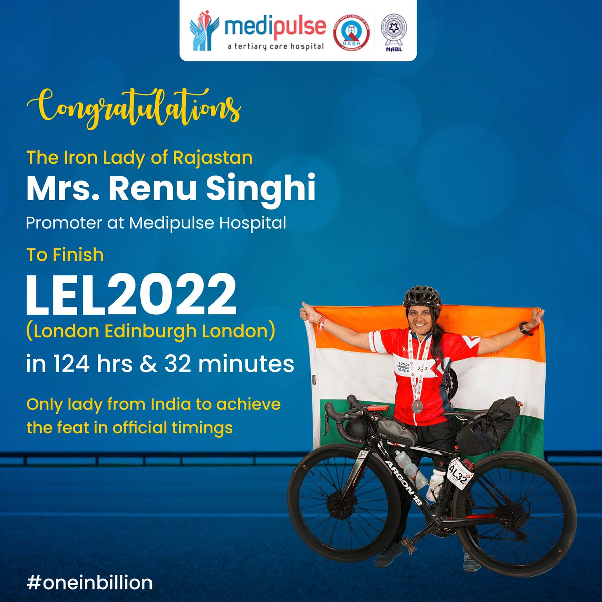 MedipulseIndia's tweet photo. Congratulations on your glorious victory!
@renusinghi20 , our esteemed promoter at Medipulse, successfully completed the #lel2022 of 1540 km in 124 hours, and 32 minutes.
#medipulse #lel2022 #london #edinbrugh #cycling #cyclingchampion #bicycleevent #bicycling #champion #winner https://t.co/LhErAacvMG