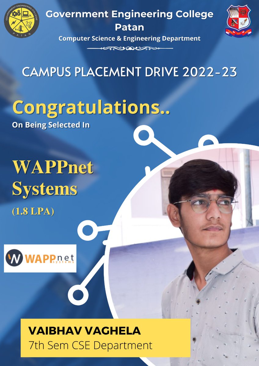 gec_patan's tweet photo. *Campus Placement*

Congratulations, to 6 students from the COMPUTER SCIENCE AND ENGINEERING DEPARTMENT, GEC PATAN for getting selected by company *WAPPnet Systems* for a package of (1.8-3.5) LPA.
#WAPPnetsystems
#placements
#gecpatan https://t.co/GpxyeUjFgt
