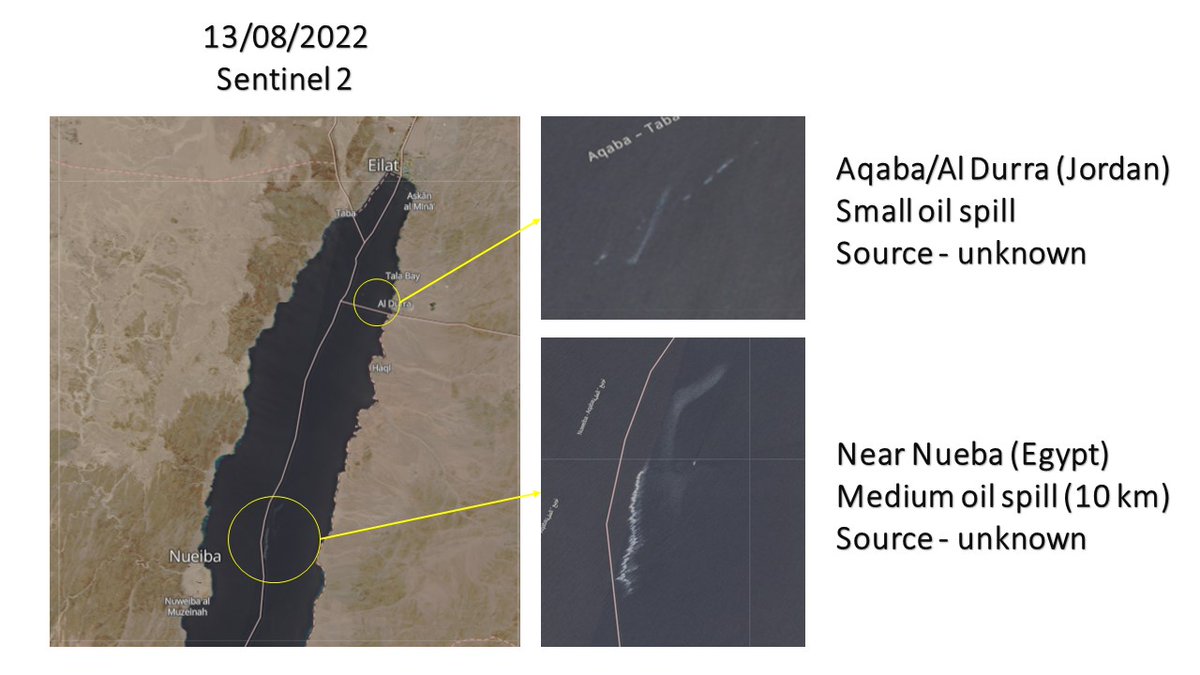 Anthropogenic #oilpollution in the Northern part of the #Redsea few kilometers from Israel city #Eilat. On the #sentinel2 (08-13-2022) you can observe 2 spills. Small spill 8 km from the #Israel #EEZ, and the second near the #Nueba