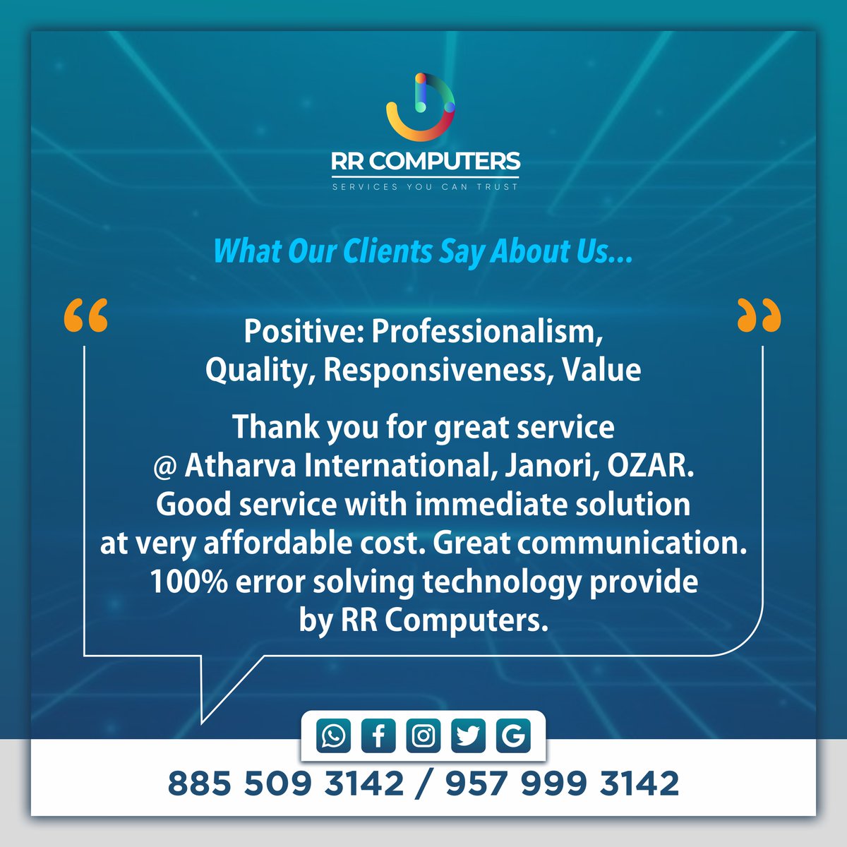 RR_Computers's tweet image. Grateful reviews from our clients are our 
highest motivation! 
#RRComputers #ComputerSalesandService 
#ComputerRepairInNashik #NashikComputers 
#RRComputerNashik #bestcomputerrepair 
#laptoprepair #datarecovery #screenrepair 
#repair #laptopservice 
#Accessories #testimonial