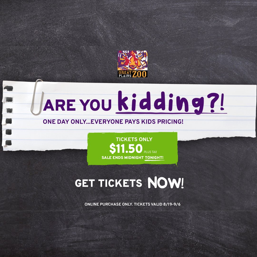 Today only - Everyone Pays Kids Price for online tickets at just $11.50 plus tax - a $4.00 SAVINGS on adult tickets.  ow.ly/oiUb50Kltu3

Offer valid online Wednesday, August 17 only. Tickets valid 8/16-9/6.

#GPZoo #Zoo #Sale #FlashSale #SiouxFalls