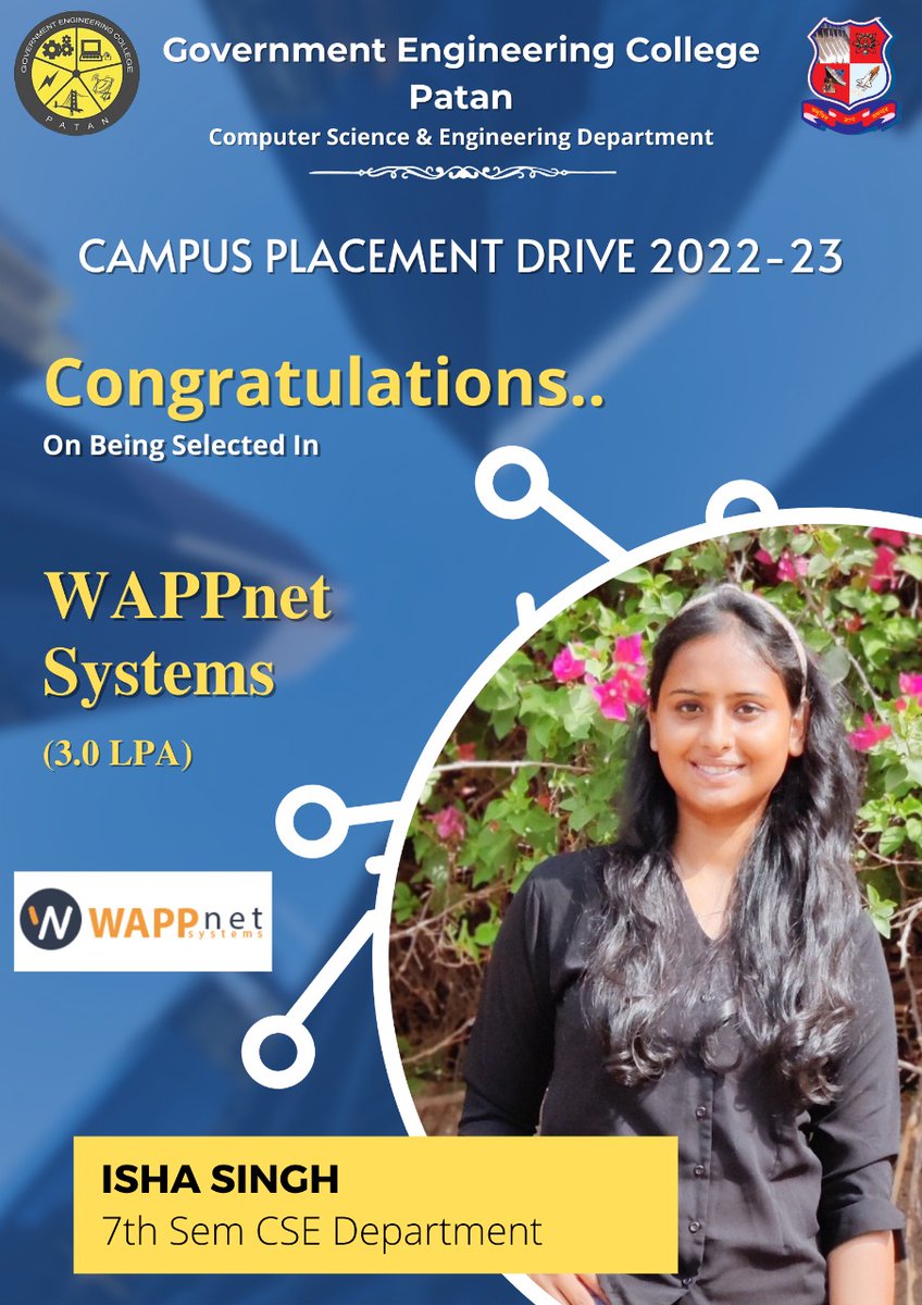 gec_patan's tweet photo. *Campus Placement*

Congratulations, to 6 students from the COMPUTER SCIENCE AND ENGINEERING DEPARTMENT, GEC PATAN for getting selected by company *WAPPnet Systems* for a package of (1.8-3.5) LPA.
#WAPPnetsystems
#placements
#gecpatan https://t.co/GpxyeUjFgt