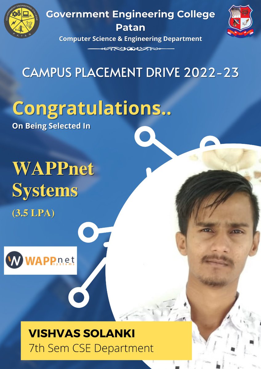 gec_patan's tweet photo. *Campus Placement*

Congratulations, to 6 students from the COMPUTER SCIENCE AND ENGINEERING DEPARTMENT, GEC PATAN for getting selected by company *WAPPnet Systems* for a package of (1.8-3.5) LPA.
#WAPPnetsystems
#placements
#gecpatan https://t.co/GpxyeUjFgt