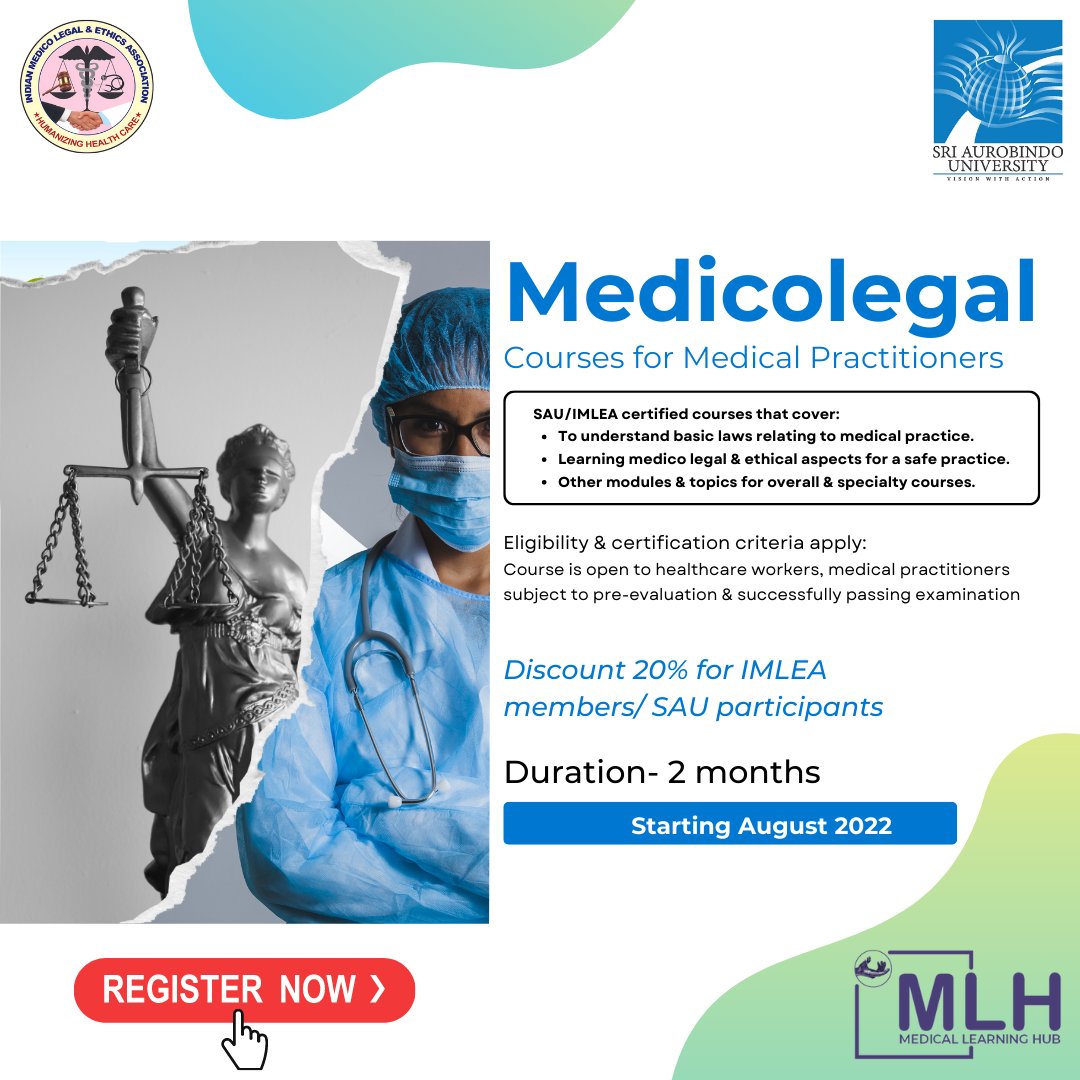 mlh_tc4a's tweet photo. Please click here to register: https://t.co/2AZHACRRSH
Sri Aurobindo University-SAU, Indore,IMLEA & MLH welcome you to a live & interactive course on Basics of Medico-legal issues for Health care workers / Medical Practitioners.
#medicoloegalcourses #mlh #CMEplatform #MLH4CME https://t.co/YWHTFRU7ol