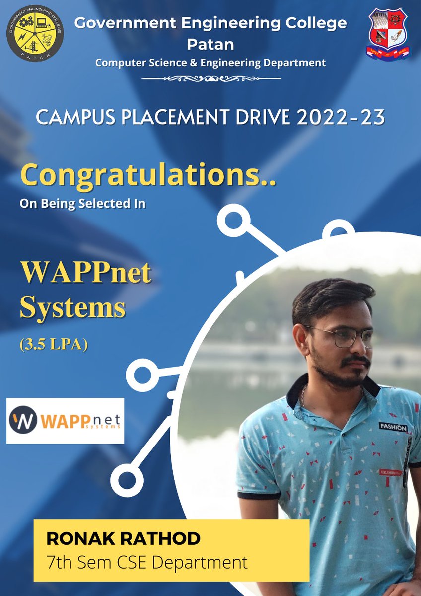 gec_patan's tweet photo. *Campus Placement*

Congratulations, to 6 students from the COMPUTER SCIENCE AND ENGINEERING DEPARTMENT, GEC PATAN for getting selected by company *WAPPnet Systems* for a package of (1.8-3.5) LPA.
#WAPPnetsystems 
#placements
#gecpatan https://t.co/7vVxfI5oDS
