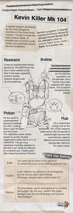 Vill-V's Amazing Invention: Kevin Killer Mk 104

Helixcraft will soon open, and here are the precious early stage design sketches...

Really? The early design prototype of Kalpas' containment weapon (crossed off) has been put in trial use by other Flame-Chasers?
#HonkaiImpact3rd 