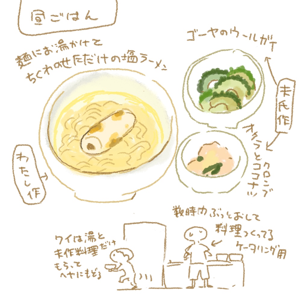 夫氏のケータリング用飯の残りをもらい、ちくわ乗せただけの塩ラーメンと食べました。鍋は使用中なのでお湯かけただけだが、副菜のおかげでメチャクチャ良い昼ごはんになったので幸せ。おかわりした。他にチキンカレーとかいろいろ用意していた。フルセットで食べれるケータリング先の人がうらやましい 