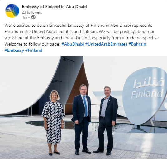 FinlandEmbUAE's tweet photo. The Embassy of Finland in Abu Dhabi is now on LinkedIn, welcome to follow! 📣

https://t.co/tPwkX9MRw8 https://t.co/YrbMM91A4f