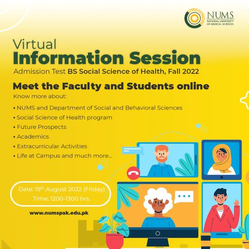 NumsOfficial's tweet photo. NUMS || Virtual Information Session on Admission Test BS Social Science of Health, Fall 2022
Date: 19th August 2022 (Friday)
Time: 1200-1300 hrs.
Join Zoom Meeting
https://t.co/2Ed7zmS0ql
Meeting ID: 892 2816 6619
Passcode: 153981
#NUMS #numians https://t.co/H5c3in0ACu