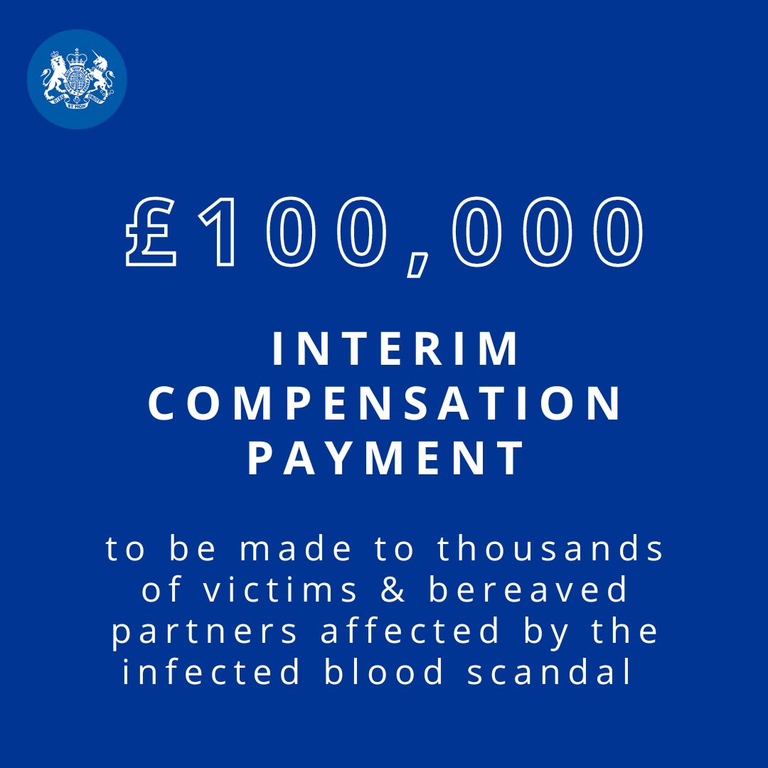 Chancellor of the Duchy of Lancaster @kitmalthouse announces today that an interim compensation payment of £100,000 will be made to victims & bereaved partners of the infected blood tragedy, as per the recommendations by Sir Brian Langstaff. gov.uk/government/new….