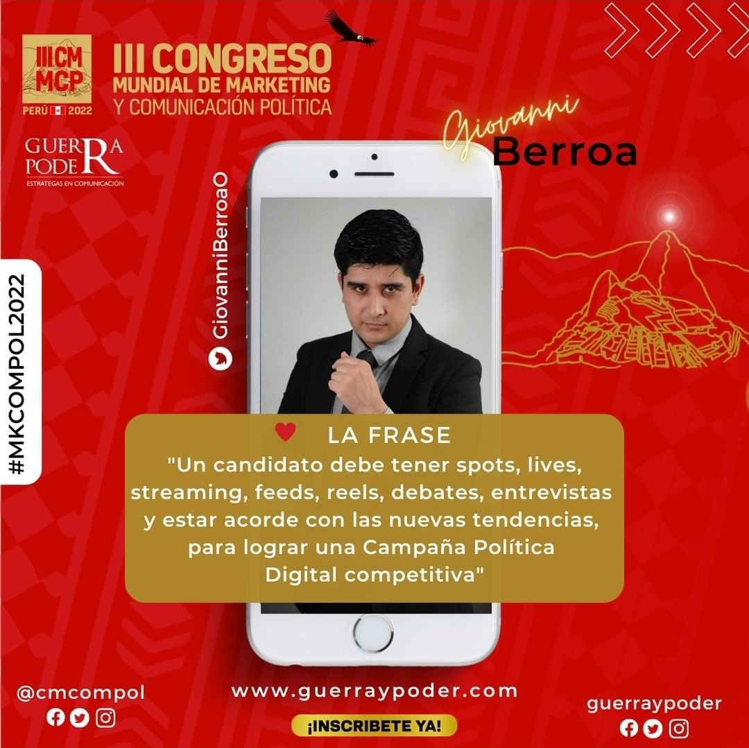 GiovanniBerroaO's tweet photo. 👏 III Congreso Mundial de Marketing y Comunicación Política 🥇 ONLINE
📲 Del 17 al 20 de agosto (online)
¡76 ponentes en 4 días full day!
🎟️ Inscripciones en: @guerraypoder
#mkcompol2022 #compol #guerraypoder #eleccionesregionales #campañadigital #campañapolítica #comgub https://t.co/9yVITNXVw4