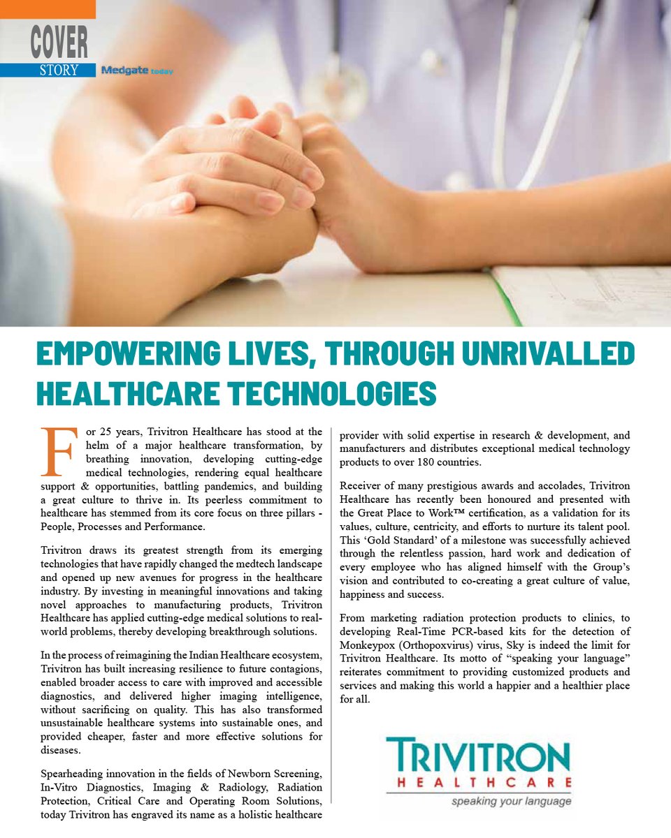 TrivitronIndia's tweet photo. In our latest article, Ms Chandra Ganjoo shares her insight, on how Trivitron's dedication and cutting-edge medical solutions are empowering lives and making the world a healthier place to live.
#WeAreTrivitron #MedTechSolutions #FuturisticHealthcareSolutions #MedgateToday https://t.co/T1thG1ylHE