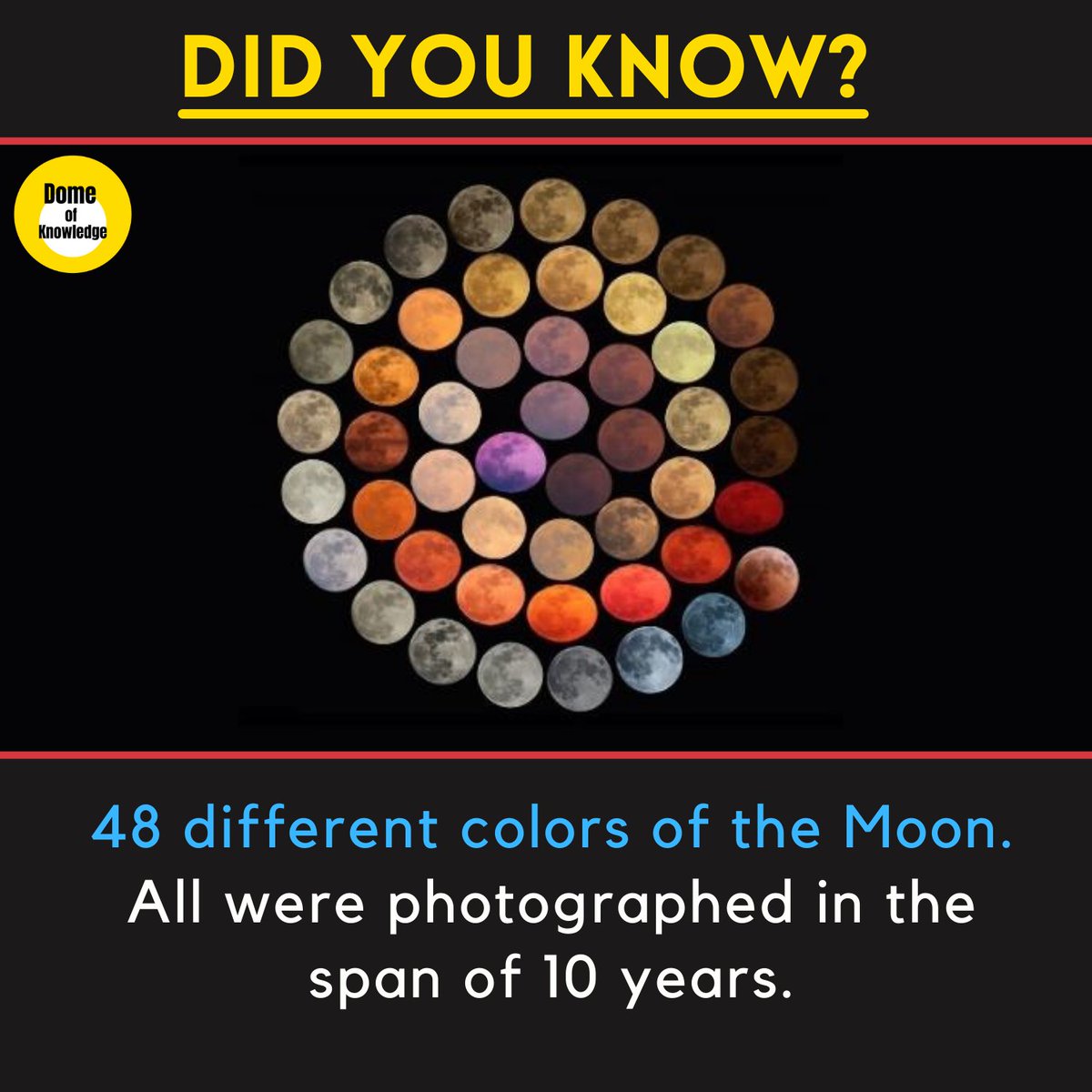 DomeKnowledge's tweet photo. 48 different colors of the Moon. All were photographed in the span of 10 years.
.
.
.
.
#Facts #FactsMatter #moon #MasterStroke #photography https://t.co/zVjvem3a7X