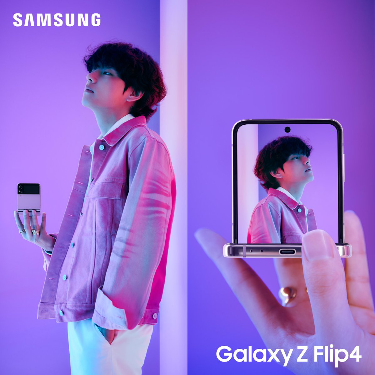 SamsungMalaysia's tweet photo. #V absolutely serving with his new #GalaxyZFlip4 selfies. Just unfold it, hold it, and… 📸
@BTS_twt 

Pre-order the Galaxy Z Flip4 and enjoy exclusive gifts worth RM1,328 at https://t.co/uowk6vvxZq

#GalaxyxBTS 
#FlexEveryAngle 
#SamsungUnpacked https://t.co/v9liY9uQ3T
