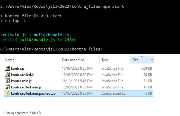 Alex_ADEdge's tweet photo. From yesterdays final rollup testing (note - still room for improvement here) #js13k

#KontraJS unoptimized is ~209kb
kontra.min.js (which I was using day 1 &amp; 2 + last year) is ~31kb

My rolled version is currently 60-80kb, minified to 11kb. And then packed it goes to ~5kb 👌 https://t.co/KlthVN7fhm