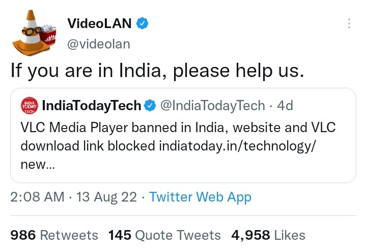 1. VLC Media Player (<a href="/videolan/">VideoLAN</a>) is a well known &amp; widely used Free &amp; Open Source Software. It was started as a student project in France &amp; has evolved to a robust media player over years. <a href="/GoI_MeitY/">Ministry of Electronics & IT</a> has blocked their website without providing proper information.