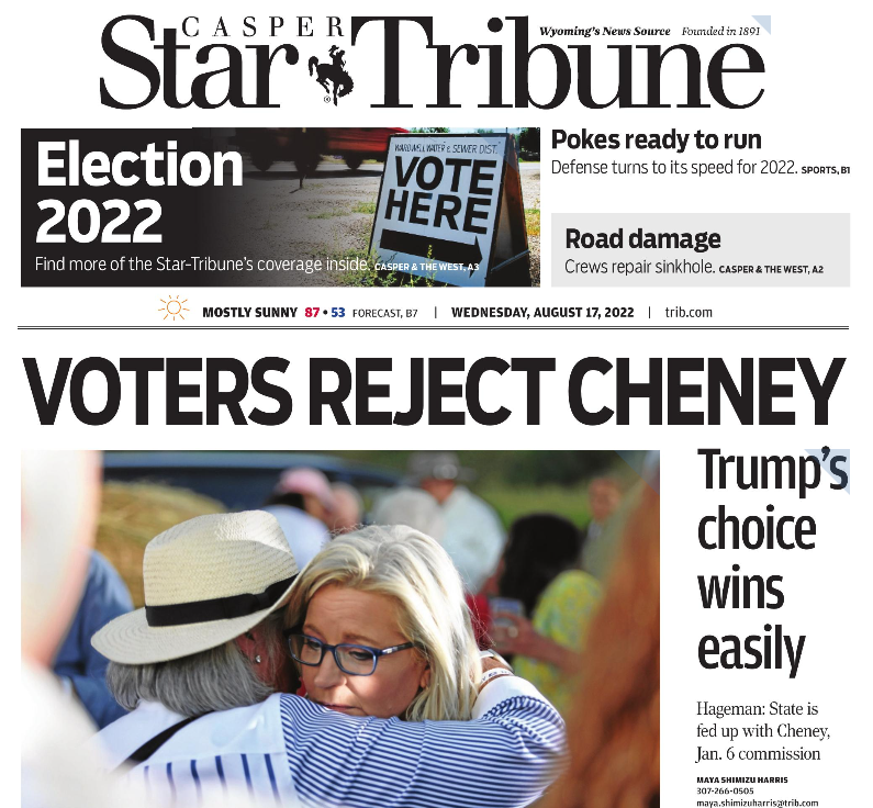 Front page banner headline in Wednesday's <a href="/CSTribune/">Casper Star-Tribune</a>: "VOTERS REJECT CHENEY"