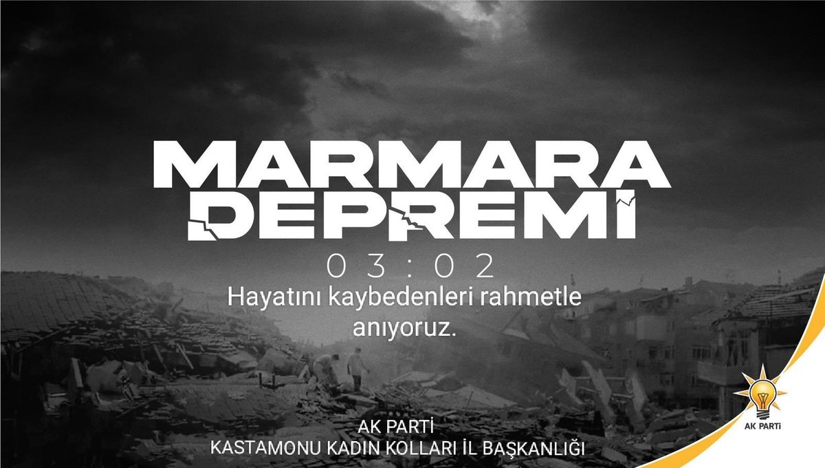 ak_kastamonu's tweet photo. #17Ağustos1999 Marmara Depremi büyük felaketinin yıl dönümünde hayatını kaybeden vatandaşlarımızı rahmetler anıyor, ailelerine sabr-ı cemil diliyoruz.

@aysekesir @AKKADINGM 
@ElifYesimAraz1 @ilsen37 https://t.co/etqtTJP8Qu