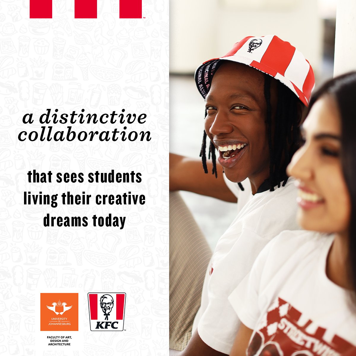 KFCSA's tweet photo. Introducing the KFC Creative Mashup! A design programme for the 3rd year/ Honours students at @go2uj where they have the opportunity to design uniforms for KFC as well as to redesign the KFC Auckland Park restaurant! #KFCMashup https://t.co/SbjYeSiQfr